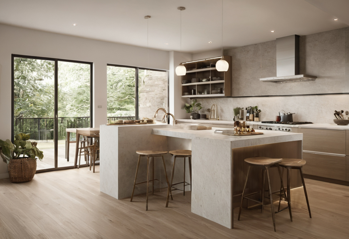 Luxury interior image showing Kitchen island and peninsula seating must include space for bodies, stools, and passing